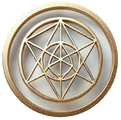 A gold and white circular design with a pentagram in the center.