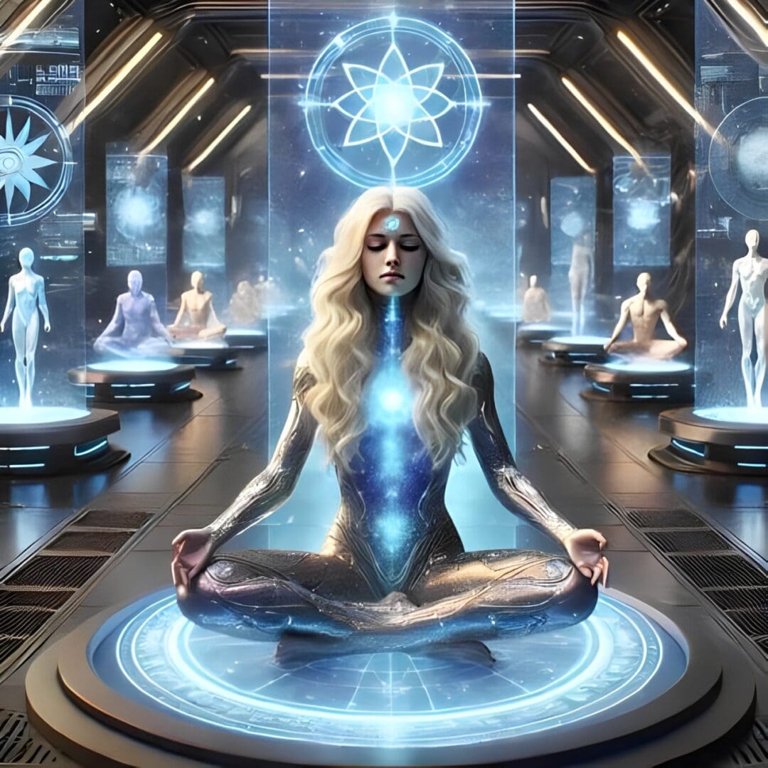 A woman sitting in the middle of an array of human beings.